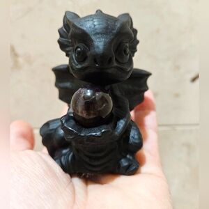 Black Obsidian Dragon Figurine Purple Amethyst Orb